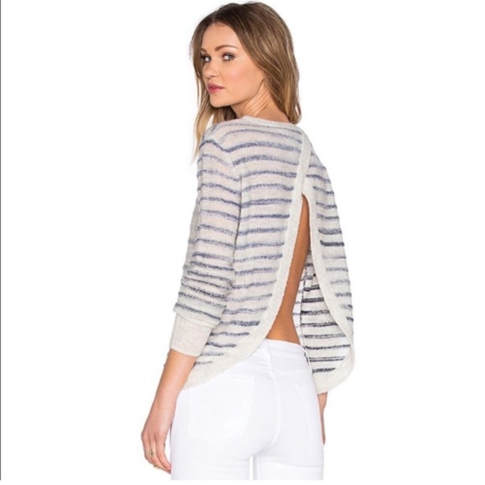 Pam & Gela Cream and Navy Striped Open-Back Scoop Neck Sweater